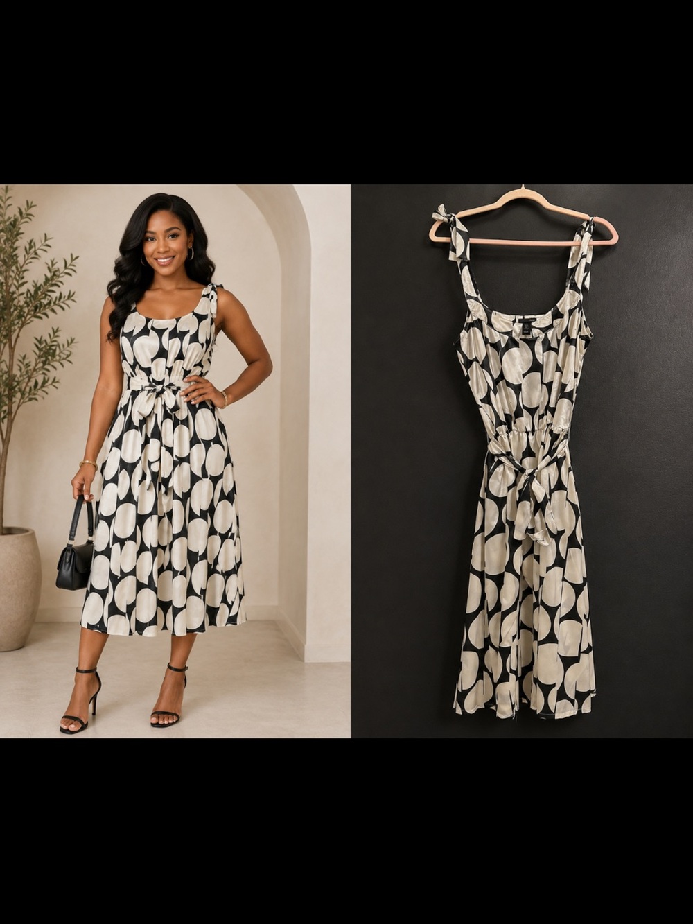 H&M Black & White tie Shoulder Midi Dress